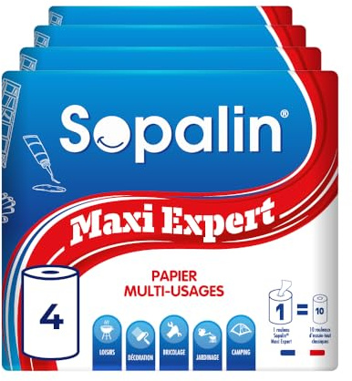 Sopalin Maxi Expert – Lot de 4 Bobines de Papier Multi-Usages, 1 Bobine égal à 10 Rouleaux Classiques, 450 Feuilles Double épaisseur par Rouleau, Blanc