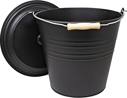 UniverseGismo Carry Ash Bucket with Lid & Handle Tools Fireplaces Fire Pits Wood Coal Burning Stove Metal Charcoal Bin Box Outdoor Indoor Galvanised Black (Ash Bucket Only)