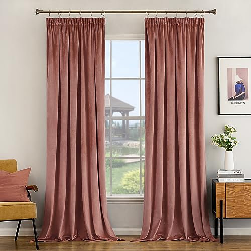 Woaboy Pencil Pleat Velvet Pink Curtains W66 x L90 for Living Room Luxury Soft Drapes for Bedroom Window Treatment for Thermal Insulated & Room Darkening Dusty Rose Pink, 2 Panels