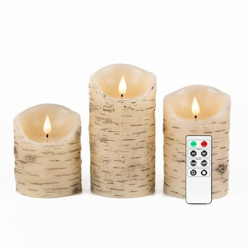 Fanna 3 LED Flammenlose Echtwachs kerzen Birke Design, Batteriekerzen mit Timer für Weihnachten Dekorationen, Fernbedienung und Batterien enthalten - H 10/12,5/ 15cm