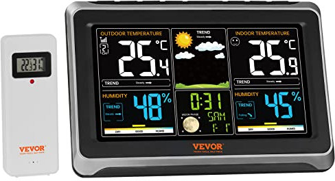 VEVOR Wetterstation Funkwetterstation mit Wettervorhersage Thermo-/Hygrometer RCC-Atomuhr 19cm Display 100m Fernübertragung 7 Sprachen Alarmfunktionen Automatische Kalibrierung 3-stufige Dimmung