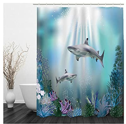 Whoiy Duschrollo Lang, Badevorhang Waschbar 150X200cm Polyester Duschvorhänge U Boot Hai Türkis für Badezimmer Badewanne