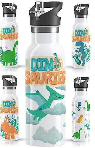 OWLBOOK® Dino Edelstahl Trinkflasche Kinder | Wasserflasche mit Strohhalm | 600 ml | Sportdeckel | Spülmaschinenfest | Schule | Schulanfang Jungen Geschenke Einschulung Junge | Baby Flugsaurier