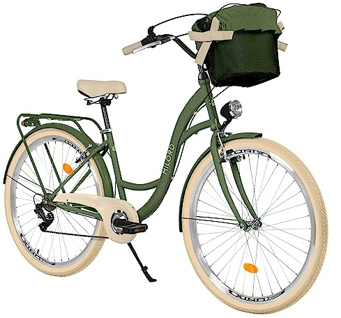 Balticuz OU Komfort Fahrrad mit Korb, Hollandrad, Damenfahrrad, Citybike, Retro, Vintage, 26 Zoll, Grün-Creme, 7-Gang