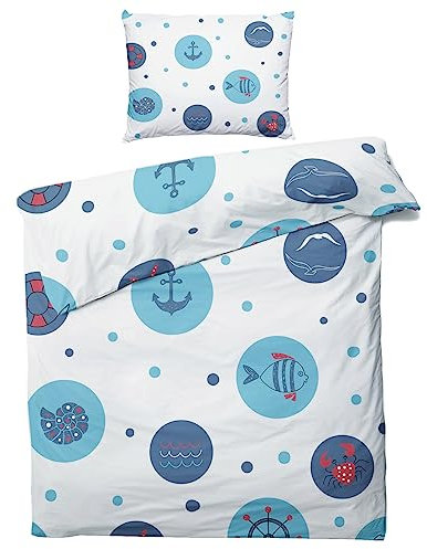 ZDABAOEC Ozean Maritime Kinderbettwäsche 100x135 Jungen, 100% Microfaser Kinder Baby Bettwäsche 2er Set - 1 Bettbezug + 1 Kissenbezug 40x60, mit Reißverschluss, Wende Motiv