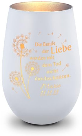 GRAVURZEILE Deko Windlicht aus Glas mit Gravur - Pusteblumen - Personalisiert mit Namen & Datum - Trauerlicht für Teelichter und Kerzen - Grabschmuck zur Beerdigung oder als Andenken - Weiß/Silber