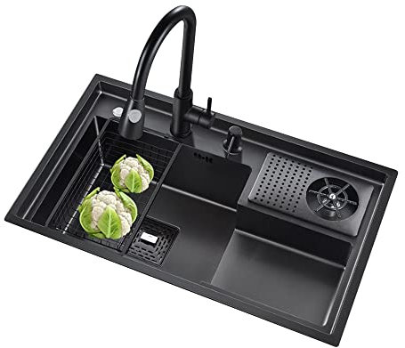 Fregadero de cocina bajo encimera Fregadero de estación de trabajo de acero inoxidable negro Fregadero de cocina de un solo tazón con lavadora de tazas y grifo frío Nano Tek de montaje super