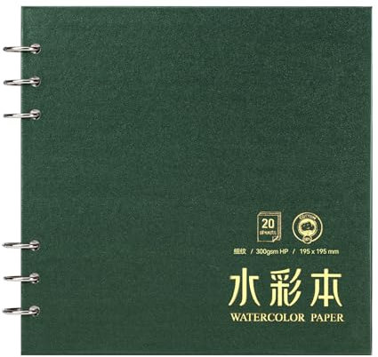 Lightwish Quadratisches Aquarell-Tagebuch, 100 % Baumwolle, 300 g/m², säurefrei, 20 Blatt Heißpress-Skizzenbuch aus Watecolor-Papier, für Künstler, Erwachsene, Studenten, 19 x 19 cm, Dunkelgrün