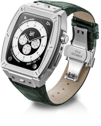 RYUEUYA Étui de luxe en acier inoxydable et bracelet en cuir pour Apple Watch Series 9 8 7 6 SE 44/45mm - Fonctions tactiques et bracelet de changement rapide pour iWatch, 44/45MM, Polyester Acier