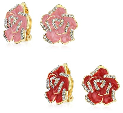 Esmalte De Color Rojo O Azul Turquesa De La Flor De Rosa De Primavera Retro Clip En Pendientesde Botón De Estilo Para Los Oídos No Perforados 14K Chapado En Oro De Latón