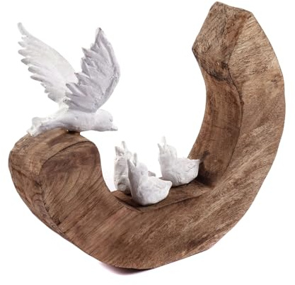 CREEDWOOD SKULPTUR Bird Family | Mangoholz, 29cm, weiß | Vogel Dekofigur, Standfigur, Vögel Dekoobjekt, Natur Holz Statue, Vogel Familie Aufsteller, Vogeldeko