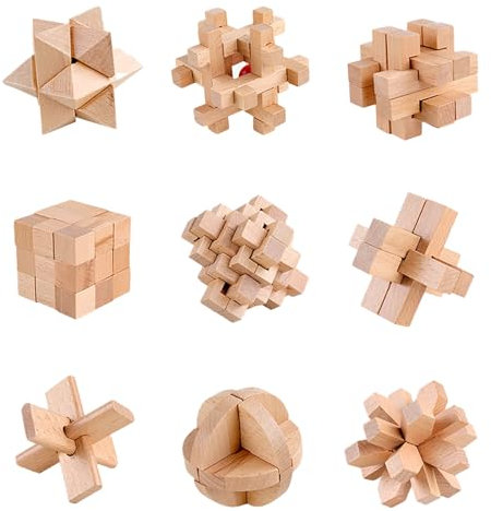 Melearch 9 Stück 3D Mini Holzpuzzles, Geschicklichkeitsspiel, Knobelspiele Logikspiel im Holzrahmen, IQ Denkspiele, Geduldspiel für Erwachsene und Kinder, A