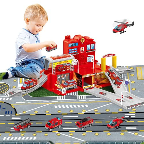 deAO Poste de Pompiers avec Camion de Pompiers, Hélicoptère, Construction d'un Bureau de Pompiers, Ensemble de Base Pompier pour Enfants avec Carte pour Garçons et Filles à partir de 4 5 6 7 Ans