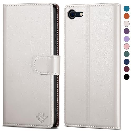 SkyDuck Leather Flip Case for iPhone SE 2022/2020 & 8, with RFID Blocking, Credit Card Holder & Tempered Glass Screen Protector, White