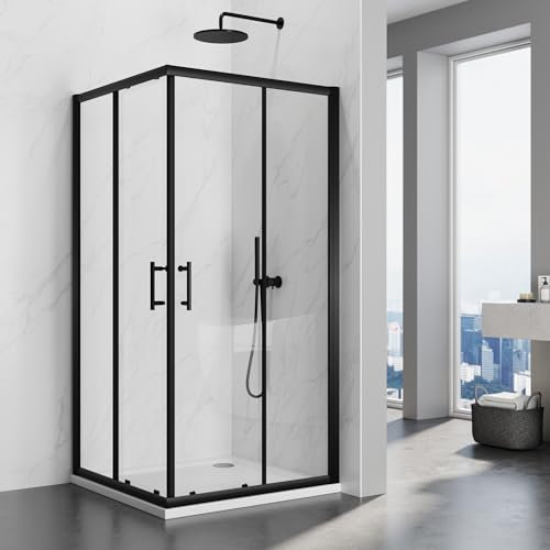 Cabine de douche d'entrée d'angle, porte coulissante en verre de sécurité noir, cabine de douche d'angle, porte de douche,90x90x195 cm