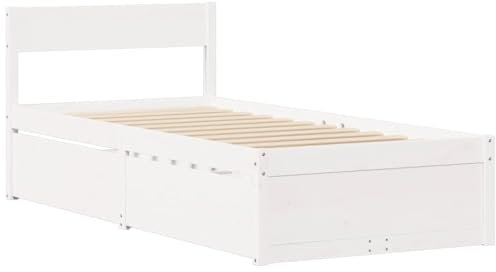 vidaXL Massivholzbett mit Schubladen, Bett mit Kopfteil, Einzelbett für Schlafzimmer, Holzbett Bettgestell, Weiß 90x190cm Massivholz Kiefer