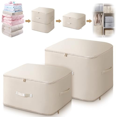 FIVAVA Platzsparender Komprimierender Organizer,Aufbewahrung für Bettdecken,Kleidung Aufbewahrung,Aufbewahrungstasche(Beige,L+XL)