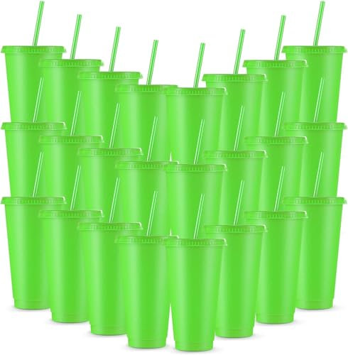 24 Pcs Green Reusable Cups with Lids and Straws, 24 oz Plastic Glitter Cold Drinks Tumbler Bulk, Coloured Iced Coffee Cup Travel Mug for Smoothie, Juices, Birthdays, Flamingo Party (Fluorescent Green)