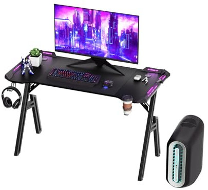 NAIZY Table de gaming 160 cm avec support pour casque, porte-gobelet à eau, bureau en fibre de carbone, bureau d'ordinateur ergonomique, avec trou pour câble et LED