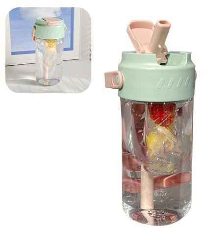 Reusable Plastic Water Bottles, 800ml Cute Water Bottle with Straw Fruit Infuser Simply Modern (Green)