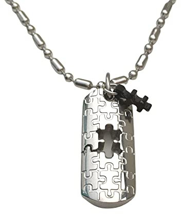 Autism Necklace For Men ASD Awareness Jigsaw Dog Tag Pendant Autistic Aspergers Support Puzzle Piece Jewellery Jewelry Black Rose Gold Golden Gift UK (Silver/Black)