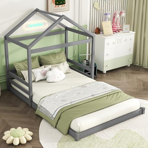 Aoskem Kinderbett Hausbett Doppelbett Bett 140x200 cm, Bodenbett Flachbett Jugendbett Holzbett, Bett in Hausform, Bettgestell mit Lattenrost, Rahmen aus Kiefer, Ohne Matratze (Grau)