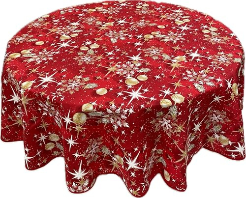 1KDreams Runde Weihnachtstischdecke. Roter Hintergrund mit Kugeln und goldenen Blättern, klassisches Design im modernen Stil. (Durchmesser 140 cm)