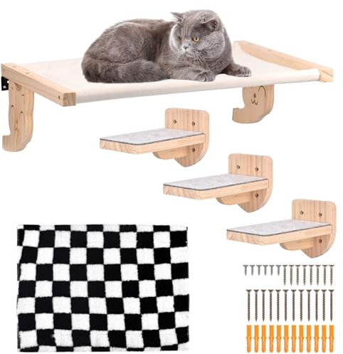 Hamac mural pour chat - Meuble mural en bois - Étagère pour chat et perchoirs - Étagère murale pour l'intérieur avec peluche - Plate-forme de lit mural pour dormir, jouer et escalader