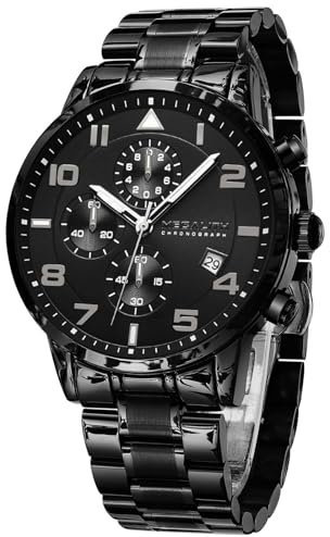 MEGALITH Armbanduhr Herren Chronograph Sport: Analog Quarz Schwarz Edelstahl - Militär Datum Wasserdicht Uhren für Männer