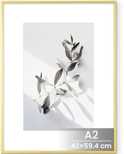Feihorrm Bilderrahmen A2 42x59,4 cm Aluminium Gold – Moderner A2 Posterrahmen für Fotos, Plakate, Kunstwerke oder Zertifikate – Stabiler Metall Fotorahmen mit gehärtetem Glas für Wandmontage