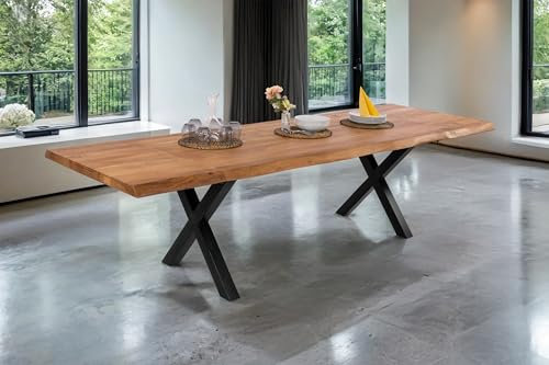 SAM Esstisch Cali mit Ansteckplatten | 220 x 100 cm (erweiterbar auf 320 x 100 cm) | Akazie massiv & naturfarben | echte Baumkante | X-Gestell Metall schwarz | Baumkantentisch/Esszimmertisch