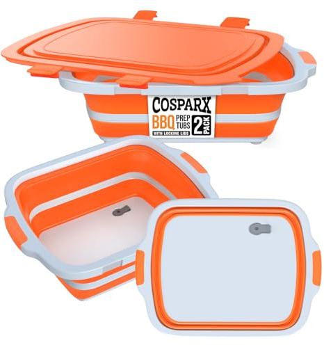 2-Pack XL Collapsible BBQ Prep Tub with Built-In Cutting Board, Lid & Strainer – Marinate, Drain & Prep – Large Food-Safe Container – Perfect for Grilling, Smoking & Outdoor Cooking