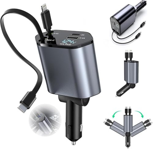 ARQIZ 120W Retractable Car Charger 4 in 1 Car Charger Adapter with Retractable Cables and Voltage DisplayWith USB/USB-C Ports Compatible with i-P-hone, Android, Samsung Galaxy