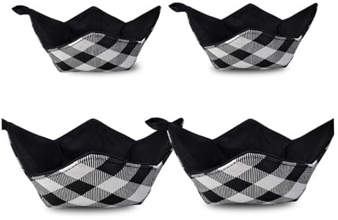 KYEQATY 4Pcs Microwave Bowl Cozy Black and White Plaid Bowl Holders for Hot Food Washable Soup Bowl Cozy Polyester Bowl Holders for Hot Food Soup Ice Cream