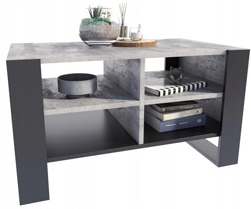 MATKAM Eleganter Couchtisch FIGA, H50 x B100 x T53,6 cm, mit praktischen Ablagen, funktionales Design (Beton-Schwarz)