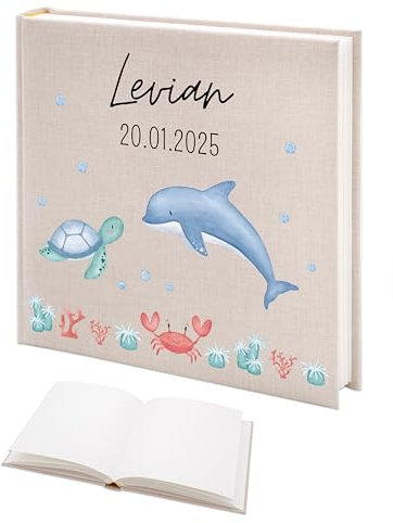 wunderwunsch Fotoalbum Einschulung personalisiert, Gästebuch, Deko, Erinnerungsalbum Schule, Geschenk Taufe, Kindergarten, Geburt, Geburtstag individualisiert (Meerestiere)