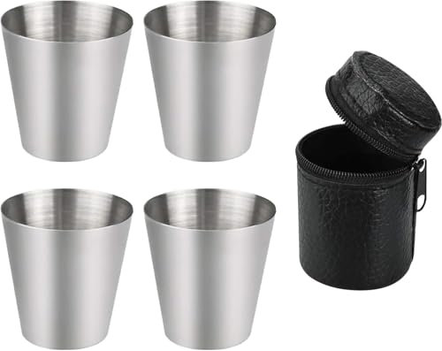 CYXZMYA 4 Stück Edelstahl Schnaps-Becher,Flachmann Becher,Edelstahlbecher,Stapelbare Schnapsbecher mit 1 Leder-Tasche,Tragbar Metallbecher Ideales Flachmann-Zubehör,für Outdoor Urlaub