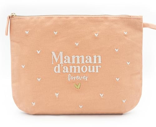 Manahia - Pochette brodée Maman - Maman d'amour Forever - Rose Pastel - Trousse personnalisée, Pochette Femme, Cadeau Maman, idée fête des mères