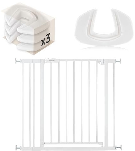 hauck Treppenschutzgitter Set Open N Stop 2 mit Verlängerung für Breiten 84-89 cm & 3X Klemmschutz | Metall Türschutzgitter ohne Bohren - Weiß