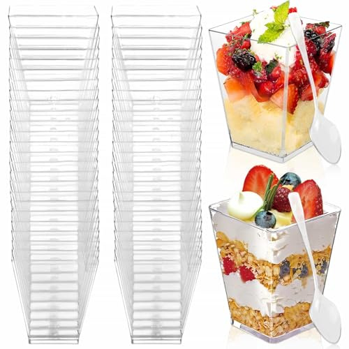 Dessert Cups 150ML/5OZ Reusable Clear Square Dessert Bowls Serving Bowls | 50Pcs PP Cheesecake Pots with 50 Spoons, Appetizer Cup for Puddings Mousses Parfaits Trifles Tiramisu Party Birthday