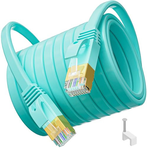 Cable LAN de 20 metros, cable de red Cat 7, 20 m, plano, cable de internet, cable de conexión de alta velocidad, Gigabit 10000 Mbit/s, 600 MHz, FTP, 20 clips, cable Ethernet para router módem