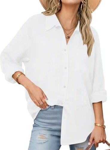 Esabel.C Womens Oversized Button Down Shirts Long Sleeve Dress Shirts Wrinkle Free Solid Blouses Tops with Pockets,White,L
