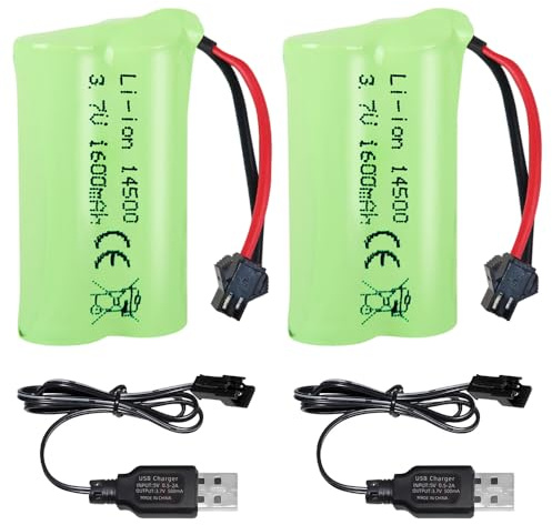 SGZIOO 2PCS 3.7V 1600mAh Li-ion Akku, Wiederaufladbare Li-Ion Batterie 3.7V mit SM-2P Stecker und USB Ladegerät, RC Akku für RC Drone Fahrzeuge Roboter Boat Airplane Universalakku