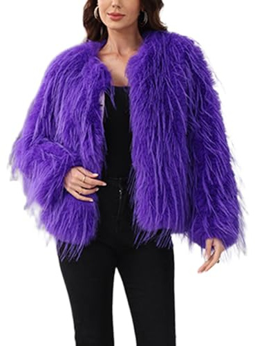 ZhuiKun Manteau en Fausse Fourrure Femmes Winter Faux Fur Coat Col Rond Open Front Veste d'hiver en Fourrure moelleuse à Manches Longues - Violet, L