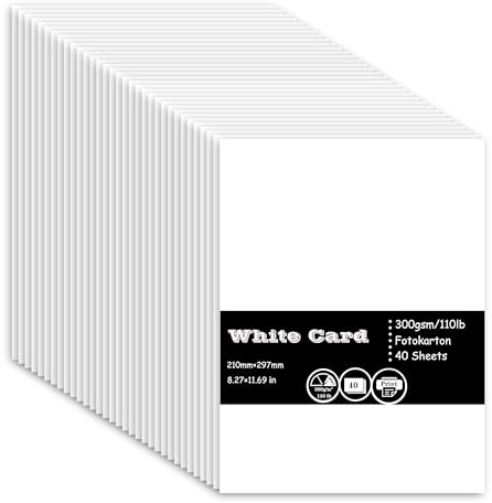 40 Blatt Tonkarton a4 Weiß, 300g/m² Tonpapier - DIN A4 21 x 29,7 cm, Premium Fotokarton Bastelkarton Druckerpapier für Malen Kartenherstellung Einladungen Scrapbook Basteln
