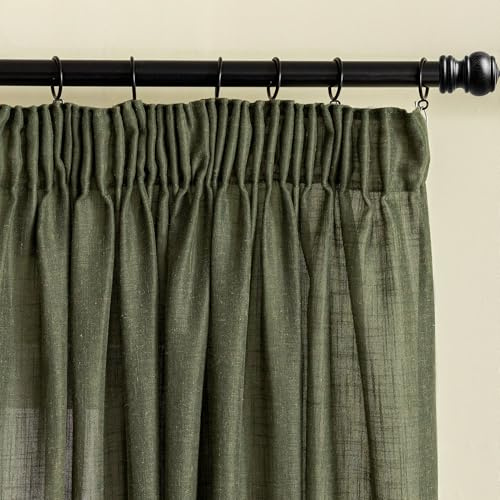 MYSKY HOME Gardine mit Kräuselband Kurz Halbtransparent Leinenoptik Curtain | Olivgrün,2er Set,H160 x B140 cm,Leinen Vorhänge Wohnzimmer,Transparent Gardinen,Boho Style,Moderne Natur Vorhang