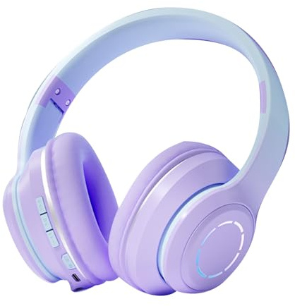 CHEOTIME Bluetooth Wireless Gaming Headset Gradient BT5.2 Connection, Foldable Over Ear headphones with Soft Ear Cushions, Colorful Lights for Desktop, PC, Laptop, Mobile (Purple)