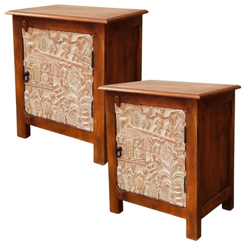 Marrakesch 2er Set Skandi Holz Nachttisch Faten Braun 60cm Hoch | Boho Vintage Nachtkommode orientalisch handverziert | Nachtschrank auch für Boxspringbett | Asiatische Möbel aus Indien