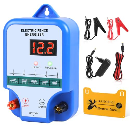SWAWIS Weidezaungerät 12V LED Anzeige Elektrozaun 10km Reichweite Weidezaun | für Hunde Hühner Pferde Ochse Schaf Schwein Geflügel,Vieh,Steuergerät zum Schutz von Gärten,Blau