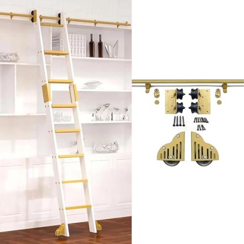 DMCHENGMA 3.3ft - 24ft Gold Sliding Library Ladder Full Set Track Kit, Rolling Ladder Hardware with Braking Floor Wheels(No Ladders)(10ft/300cm Track kit)